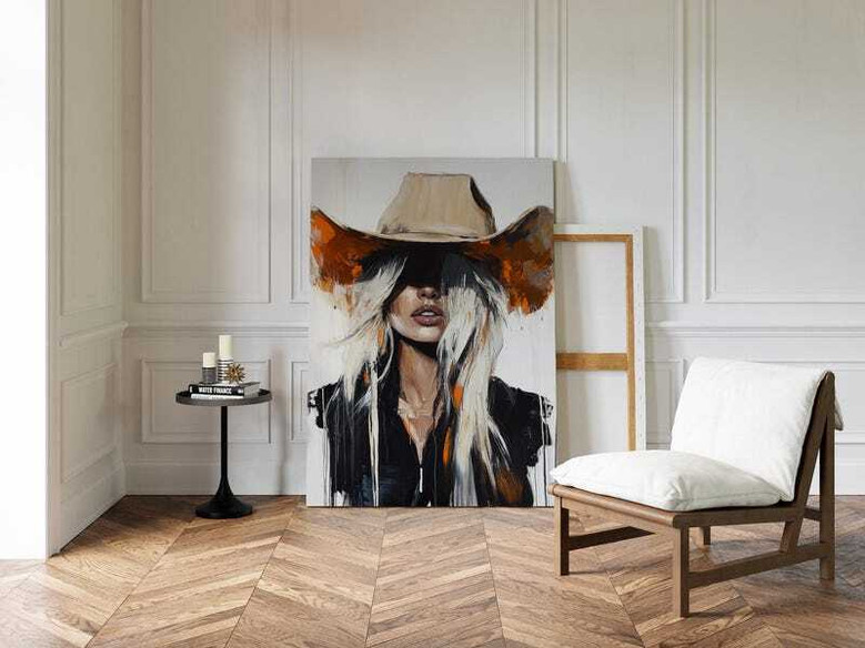 Blonde cowgirl portrait canvas, rustic farmhouse western decor featuring leather boots and lariat for office wall