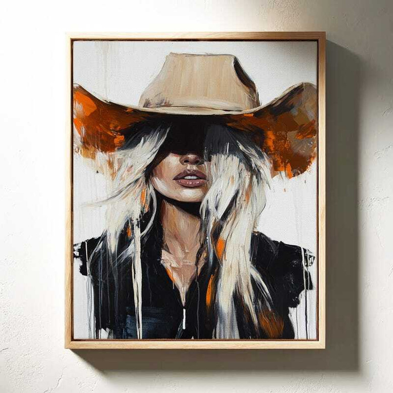 Blonde cowgirl portrait canvas with neutral palette and soft brushwork, modern western farmhouse piece for gallery wall