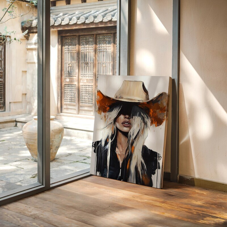 Blonde cowgirl portrait canvas with denim jacket and tan hat, modern western farmhouse art for stylish bedroom wall