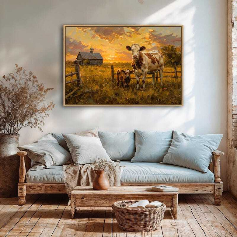 Rustic farmhouse canvas art, panoramic field with grazing cow and rolling hills, calm neutral colors for kitchen wall decor.