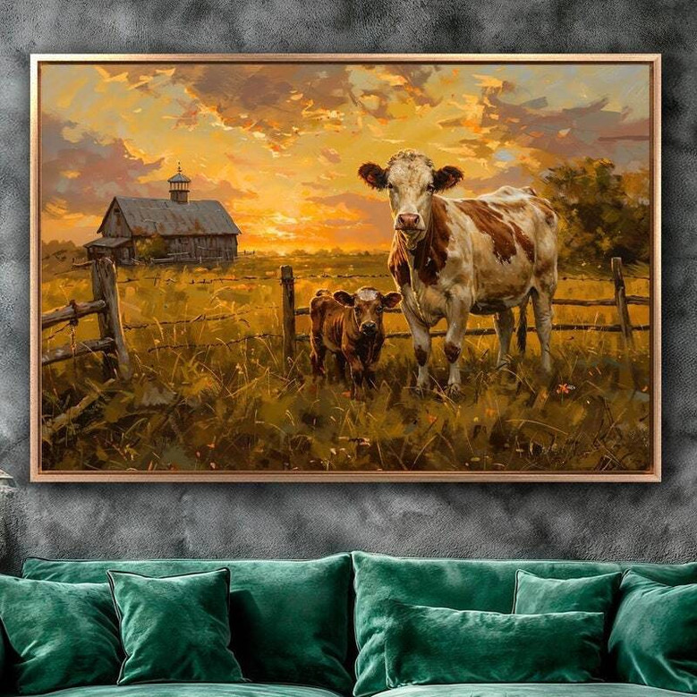 Rustic farmhouse canvas art, black and white grazing cow scene with weathered texture, timeless wall decor for living room.