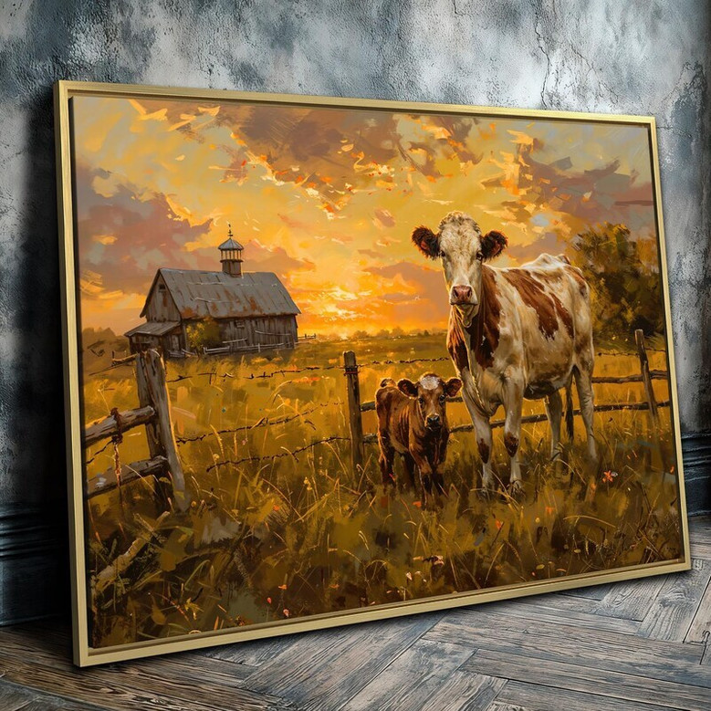 Rustic farmhouse canvas art with grazing cow at golden hour, warm rustic texture, relaxed country decor for the living room.