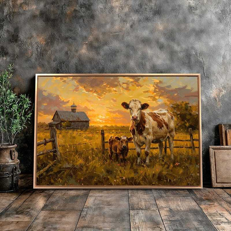 Rustic farmhouse canvas art with a grazing cow in open pasture, muted earth tones, cozy wall decor for living room.