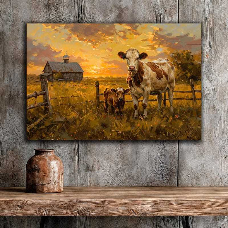 Rustic farmhouse canvas art featuring a peaceful grazing cow, minimalist style, versatile decor for living room or kitchen.