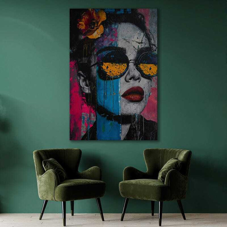 Pop art canvas, close-up pastel portrait of a woman in statement sunglasses; trendy wall art gift for style-savvy fashion lovers