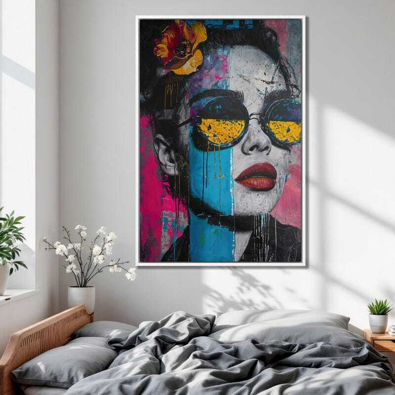 Pop art canvas print, side-profile portrait of a woman in bold sunglasses and red lips; trendy wall decor for modern interiors