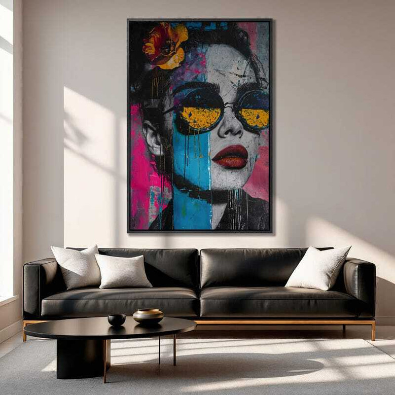 Contemporary pop art canvas of a stylish woman in cat-eye sunglasses; vibrant portrait decor for a dressing room or vanity area
