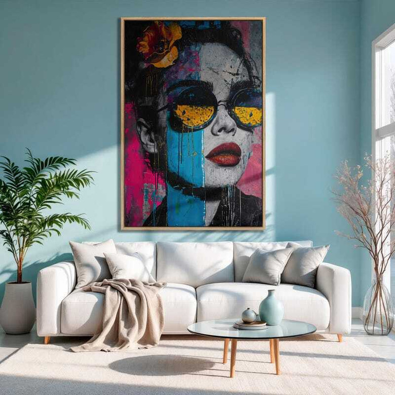 Contemporary pop art canvas, vertical bold-contrast portrait of a woman in glossy sunglasses; stylish wall decor for a hallway
