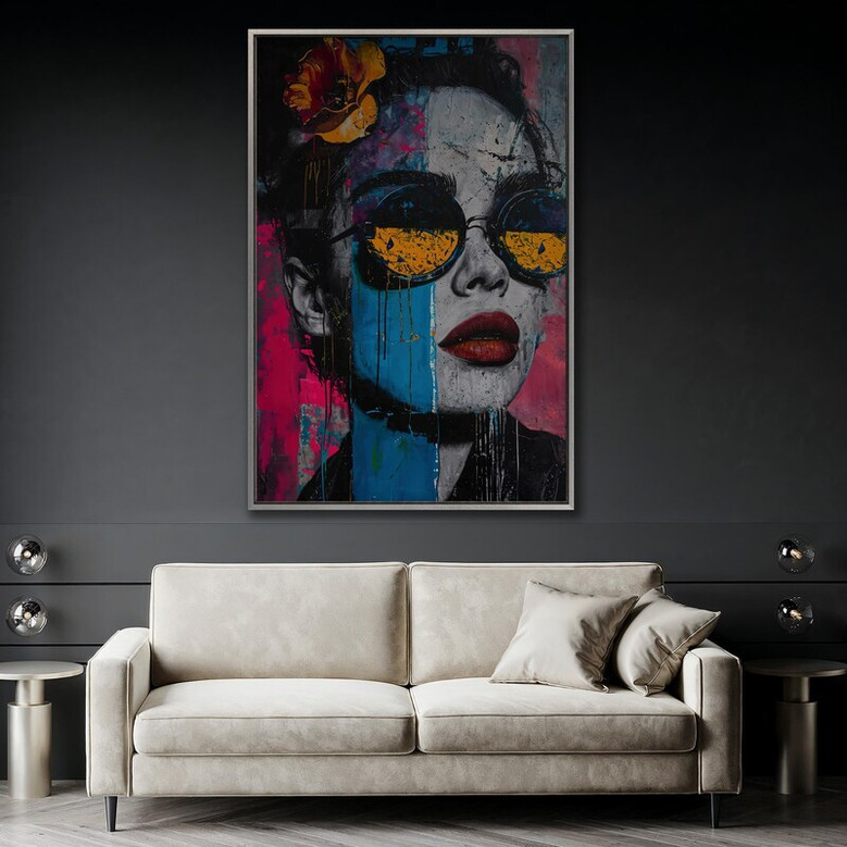 Contemporary pop art canvas of a chic woman in colorful sunglasses; lively portrait decor to anchor a bedroom gallery wall