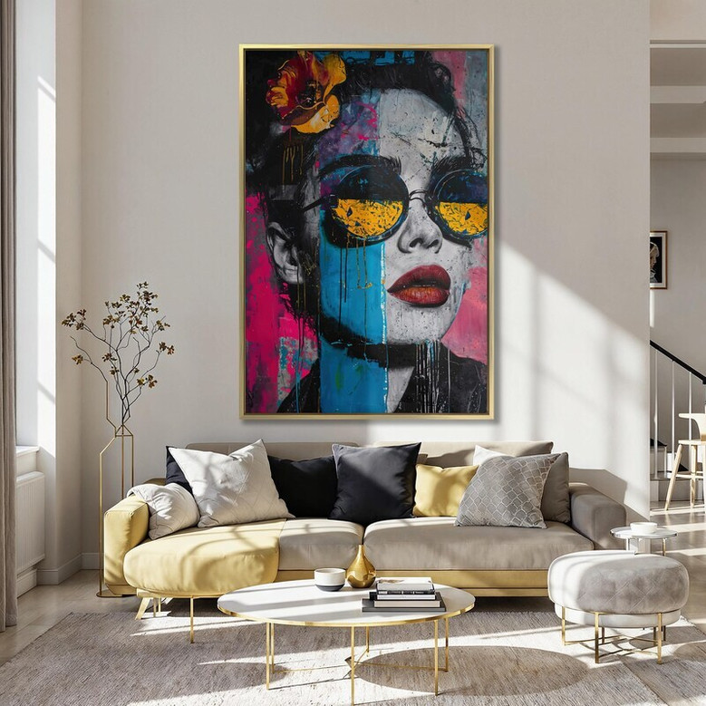 Contemporary pop art canvas, minimalist palette portrait of a woman in sleek sunglasses; stylish wall art for a walk-in closet