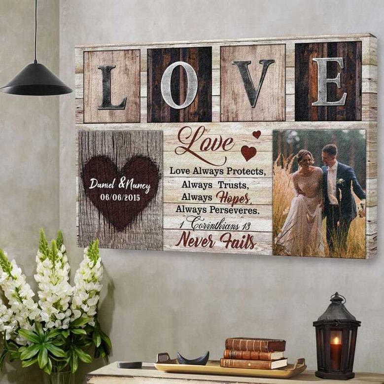 Christian scripture canvas wall art featuring 1 Corinthians 13, customized couple names and date, meaningful anniversary gift