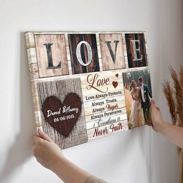 Christian love personalized canvas, 1 Corinthians 13 verse typography with couple names and wedding date, anniversary gift