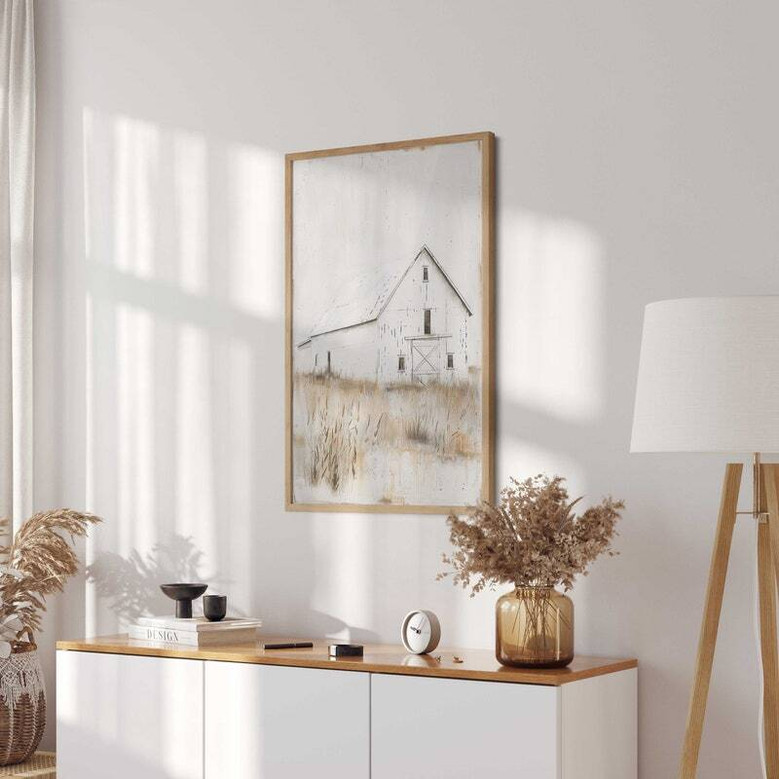 Rustic farmhouse canvas wall art with wood-grain texture, modern farmhouse living room decor, panoramic horizontal format