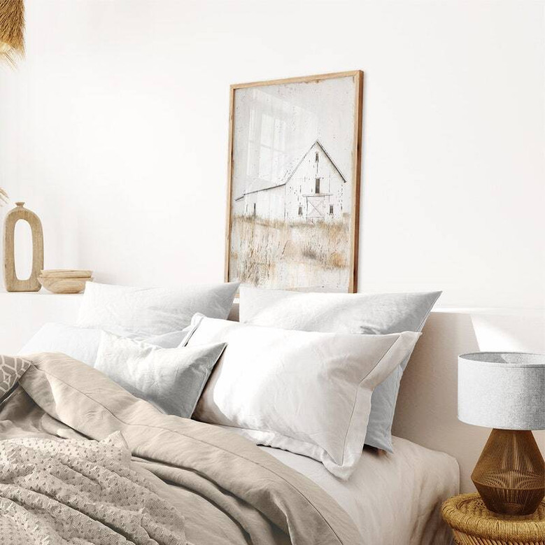 Rustic farmhouse canvas wall art in muted gray and beige, modern farmhouse living room decor, portrait orientation