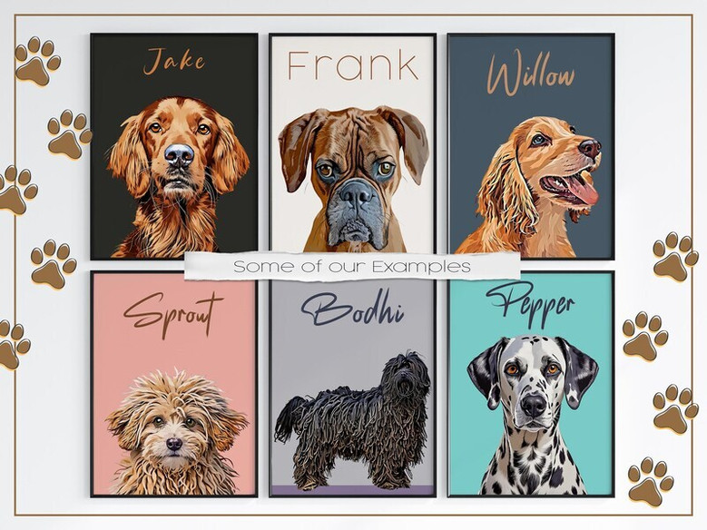 Personalized dog portrait canvas, vertical layout; custom from your photo with pet name, memorial gift for living room decor