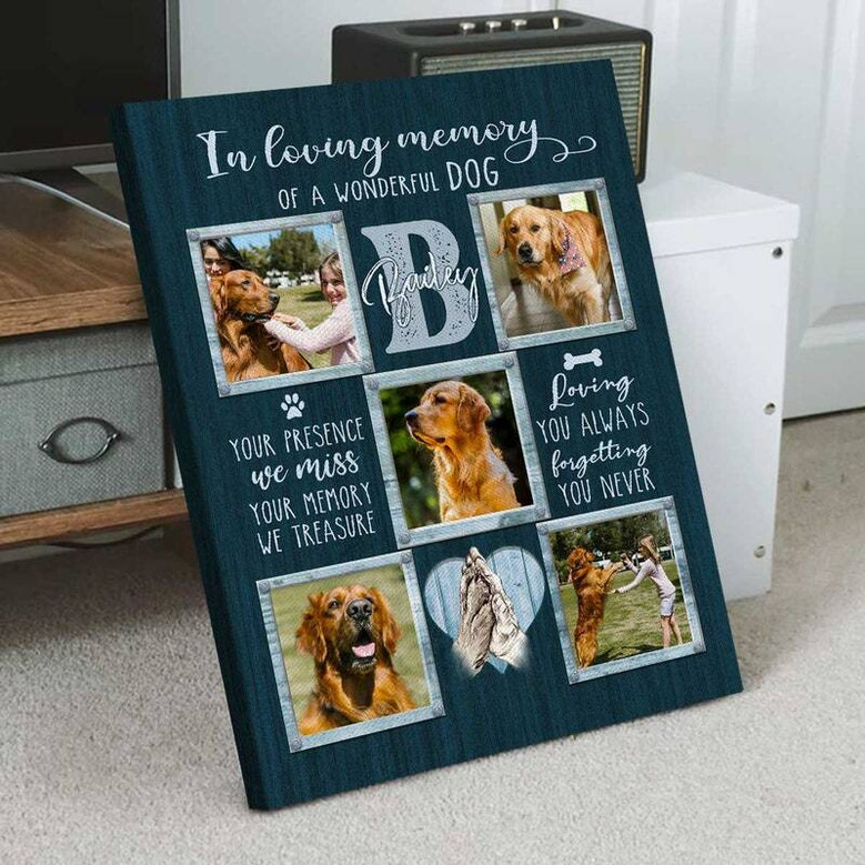 Dog memorial canvas wall art with custom pet collage, warm earth tones, name and dates, quote, home remembrance decor. Dog memorial canvas wall art with custom pet collage, warm earth tones, name and dates, quote, home remembrance decor.