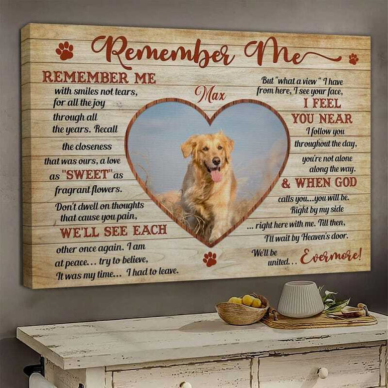 Dog remembrance canvas with customizable pet photo upload, a sympathy keepsake gift to honor a beloved dog’s life