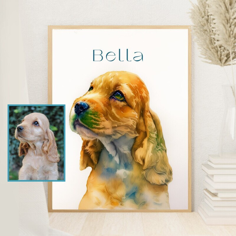 Dog portrait watercolor canvas with neutral background, remembrance gift for pet owners, landscape wall art for living room