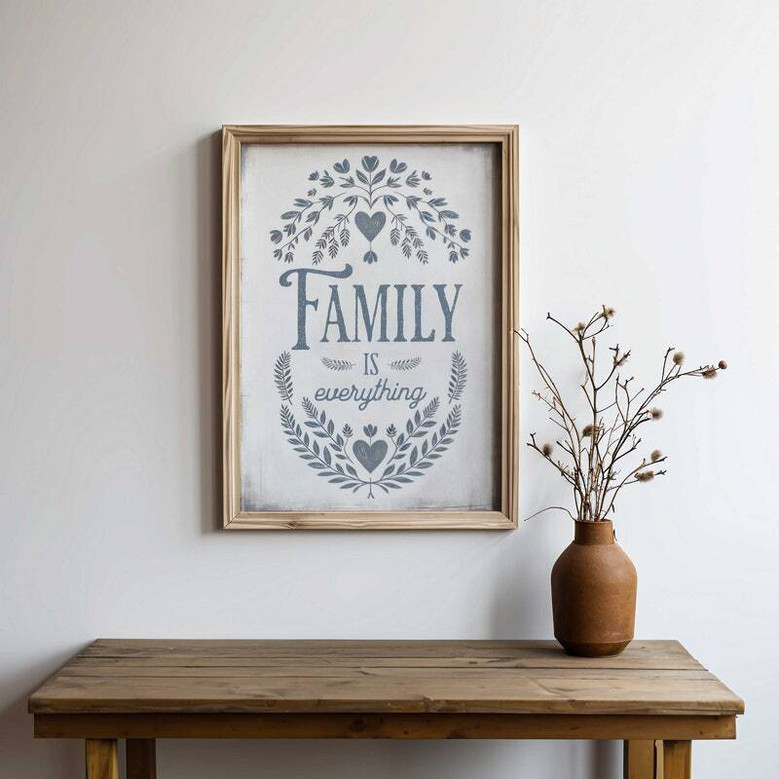 Family Is Everything quote canvas, distressed shiplap background with wildflower wreath, vertical farmhouse art for kitchen
