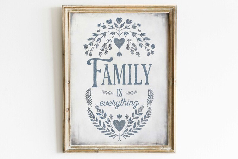 Family Is Everything quote canvas wall art, rustic farmhouse with muted floral accents, horizontal design for kitchen decor