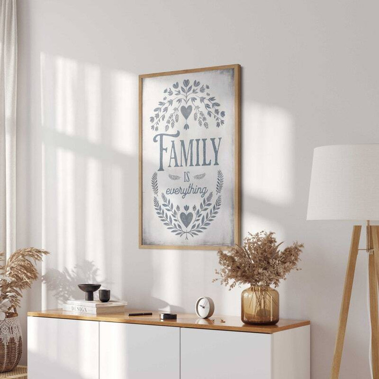 Family Is Everything quote canvas wall art, aged parchment texture and delicate blooms, cozy farmhouse accent for kitchen