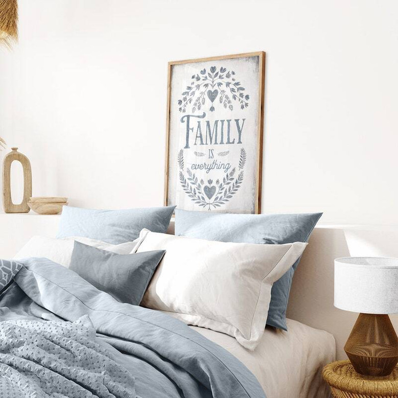 Family Is Everything quote canvas, rustic farmhouse typography with sage green floral border, landscape for kitchen walls