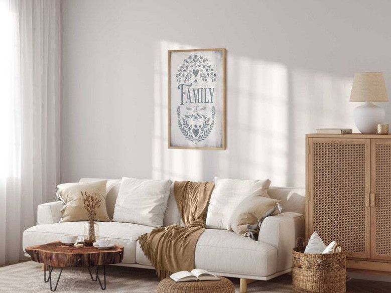 Family Is Everything quote canvas, rustic kitchen decor with watercolor florals and distressed wood look, portrait wall art