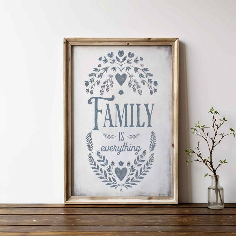 Family Is Everything quote canvas wall art, rustic neutral tones with soft cream botanicals, ideal kitchen farmhouse decor