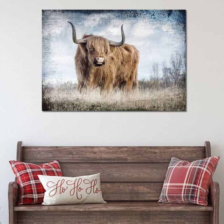 Highland cow canvas art, black and white square portrait, rustic farmhouse wall decor, close-up horns and fringe detail
