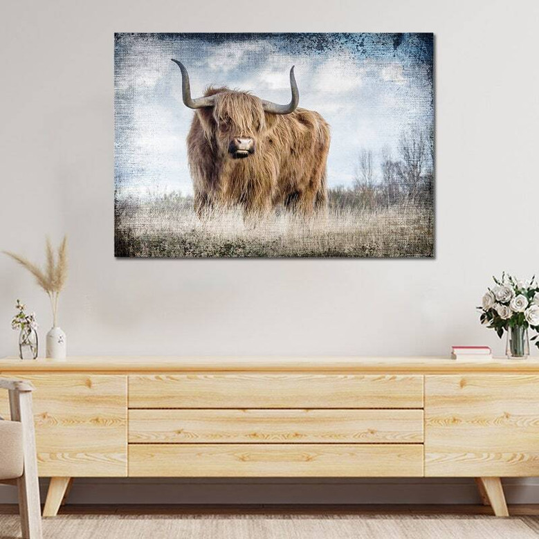 Highland cow canvas wall art, farmhouse landscape with full-body cattle in misty meadow, earthy tones for ranch decor