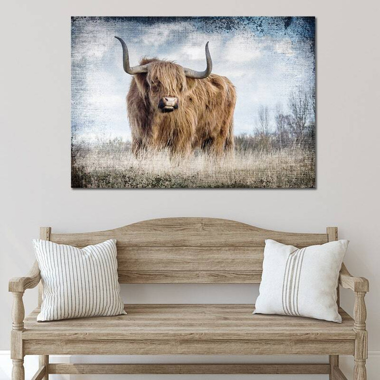 Highland cow canvas wall art, vertical rustic portrait with barn backdrop, warm sepia tones, gallery-wrapped for living room