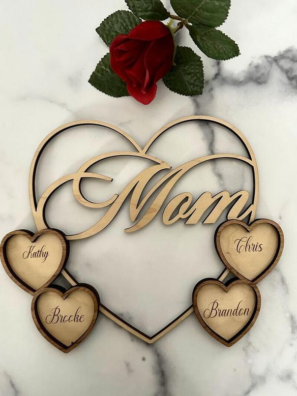 Personalized Mom Wood Sign Gift - Mother's Day & Birthday Present For Her, Heart Design Home Decor