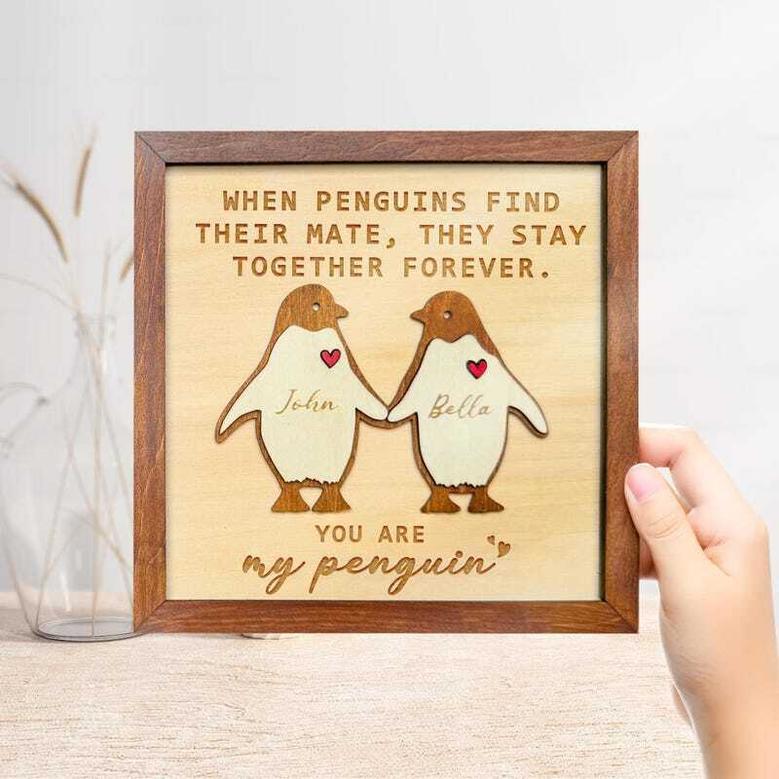 Valentine Penguin Couple Wood Sign Wedding Gift For Him & Her