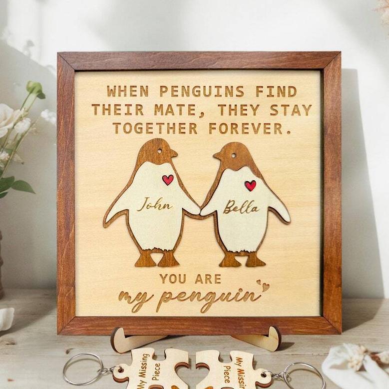 Valentine Penguin Couple Wood Sign Wedding Gift For Him & Her