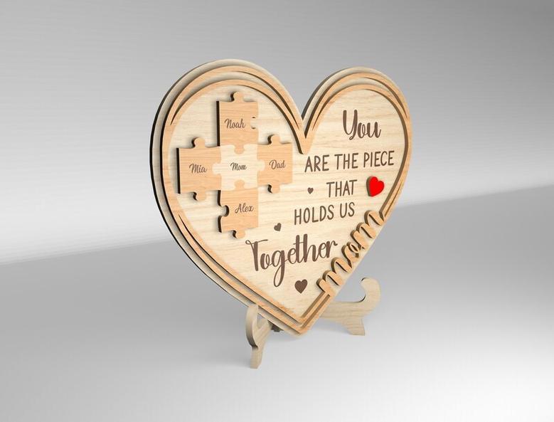 Thoughtful Custom Puzzle Heart Wooden Mom Sign - Mother's Day Gift