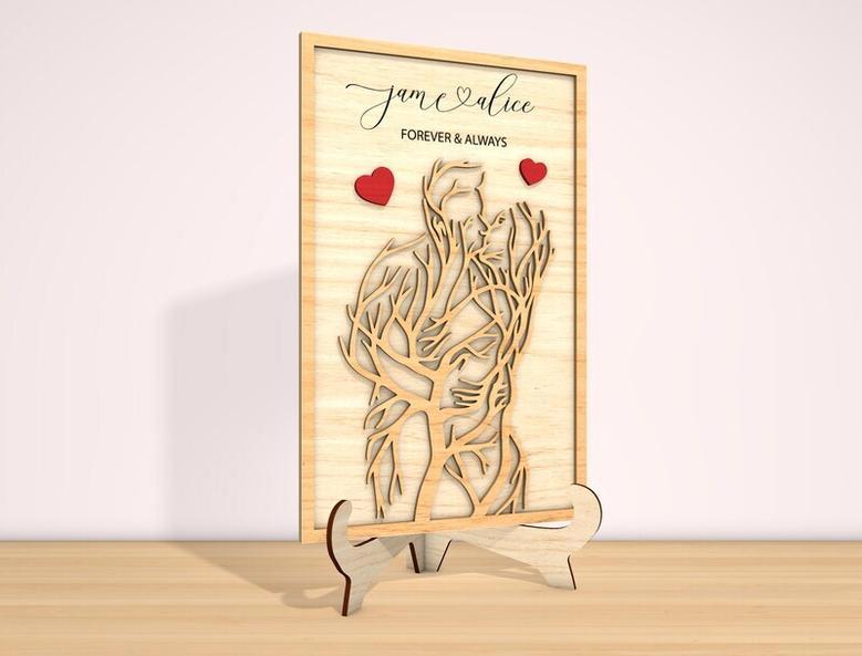 Custom Name Wood Sign With Romantic Kissing Scene For Anniversary And Valentine's Day Decor