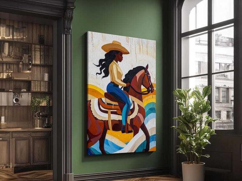 Pop Art Black Cowgirl Canvas Print Afrocentric Rustic Farmhouse Wall Art For Living Room