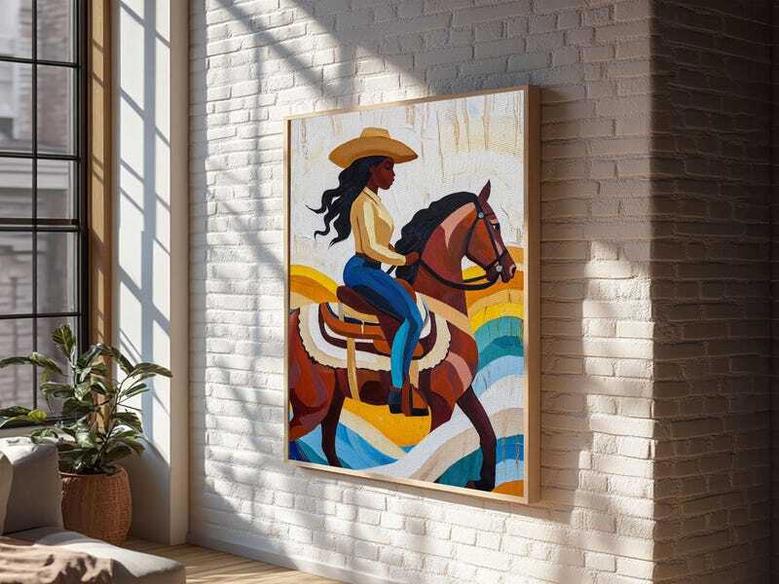 Pop Art Black Cowgirl Canvas Print Afrocentric Rustic Farmhouse Wall Art For Living Room