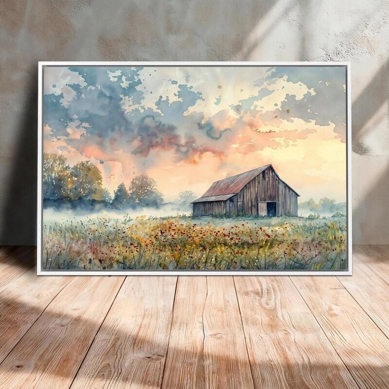 Rustic Farmhouse Barn Canvas For Countryside Lovers - Scenic Rural Meadow Wall Art With Wildflowers For Living Room Decoration