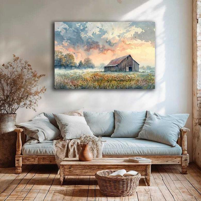 Rustic Farmhouse Barn Canvas For Countryside Lovers - Scenic Rural Meadow Wall Art With Wildflowers For Living Room Decoration