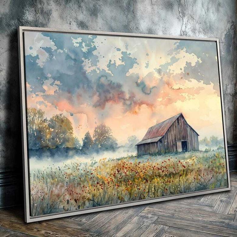 Rustic Farmhouse Barn Canvas For Countryside Lovers - Scenic Rural Meadow Wall Art With Wildflowers For Living Room Decoration