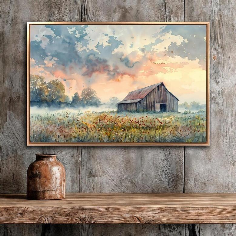 Rustic Farmhouse Barn Canvas For Countryside Lovers - Scenic Rural Meadow Wall Art With Wildflowers For Living Room Decoration