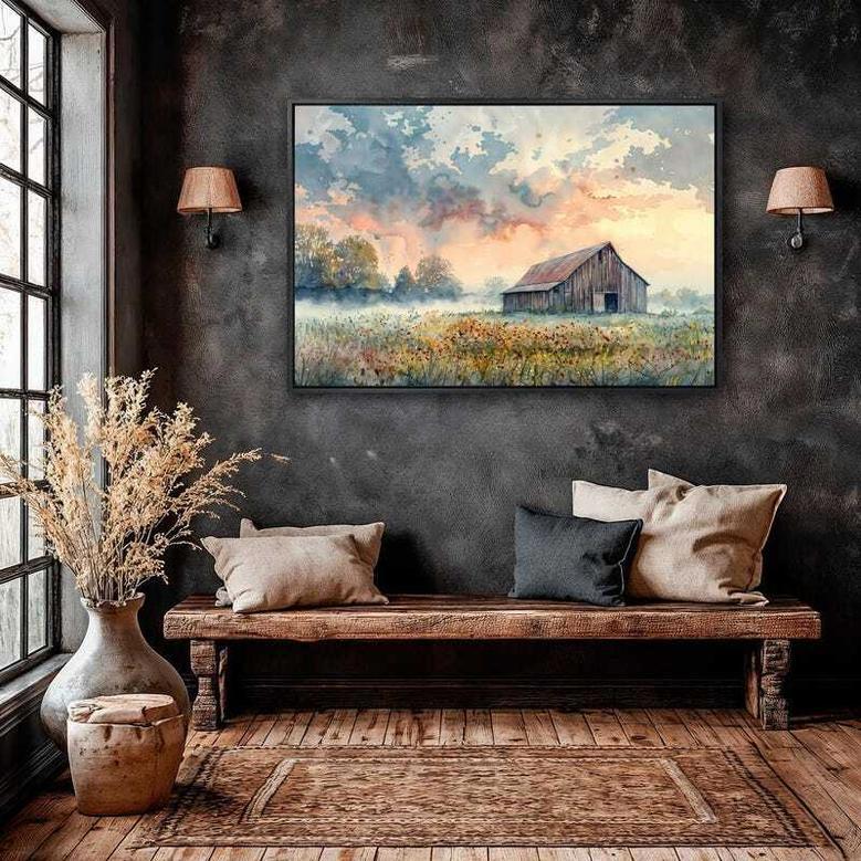 Rustic Farmhouse Barn Canvas For Countryside Lovers - Scenic Rural Meadow Wall Art With Wildflowers For Living Room Decoration