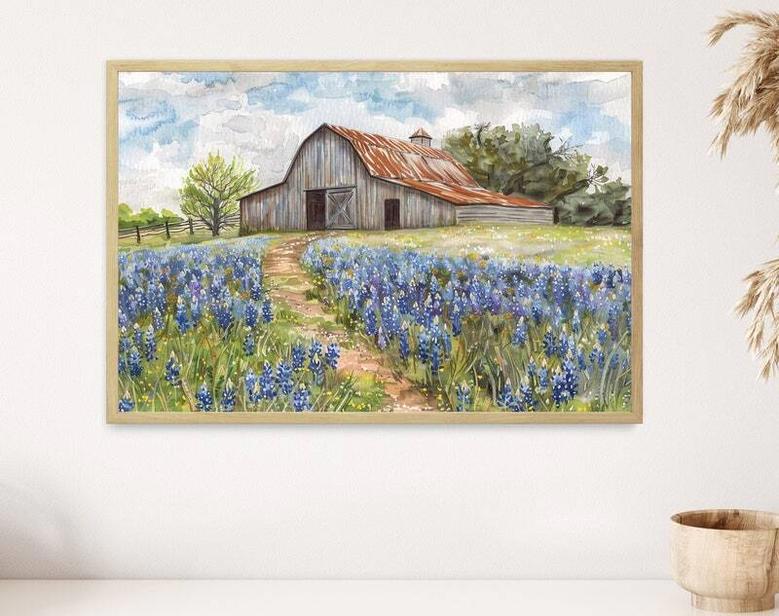 Rustic Farmhouse Canvas Art Landscape With Barn And Bluebonnets For Country Living Room Decor