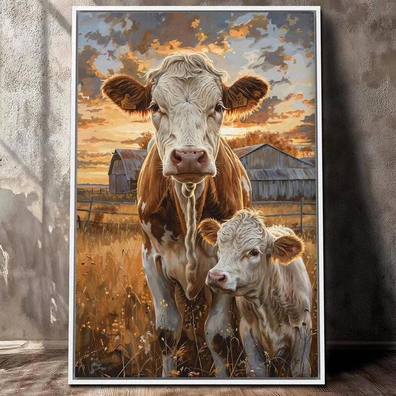 Rustic Farmhouse Framed Canvas Wall Art With Cow And Calf - Animal DéCor For Living Room Or Barn Style