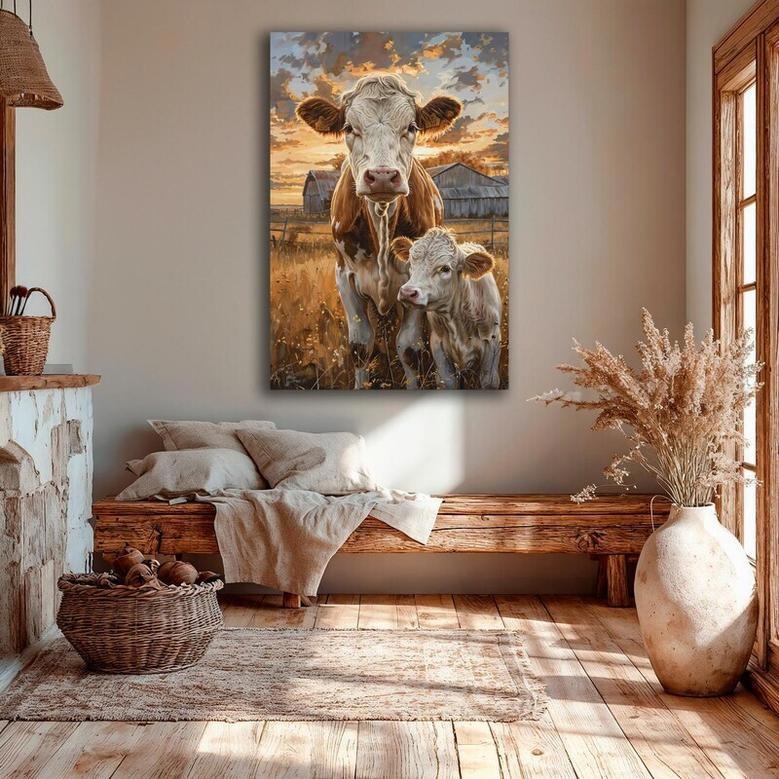 Rustic Farmhouse Framed Canvas Wall Art With Cow And Calf - Animal DéCor For Living Room Or Barn Style