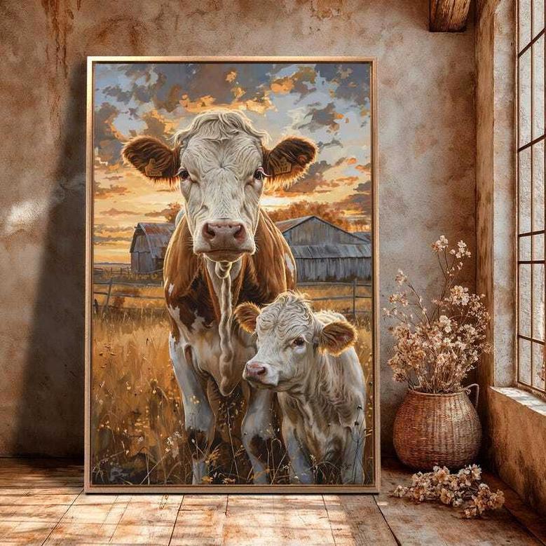 Rustic Farmhouse Framed Canvas Wall Art With Cow And Calf - Animal DéCor For Living Room Or Barn Style