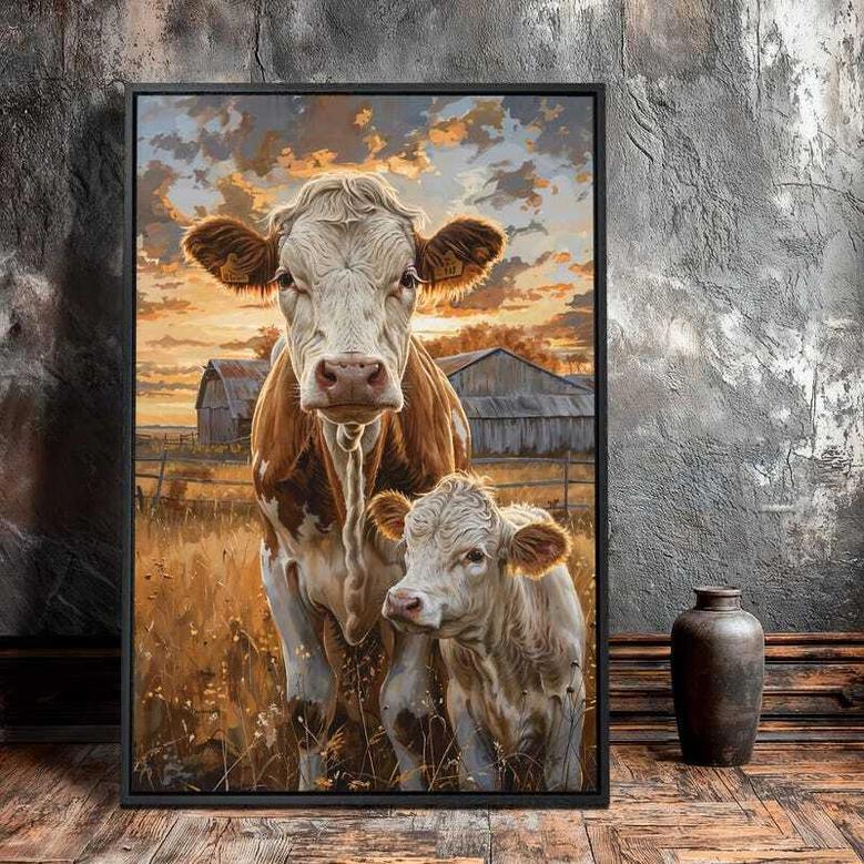 Rustic Farmhouse Framed Canvas Wall Art With Cow And Calf - Animal DéCor For Living Room Or Barn Style