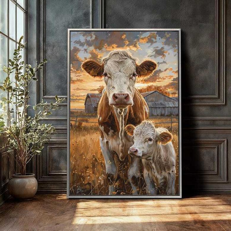 Rustic Farmhouse Framed Canvas Wall Art With Cow And Calf - Animal DéCor For Living Room Or Barn Style