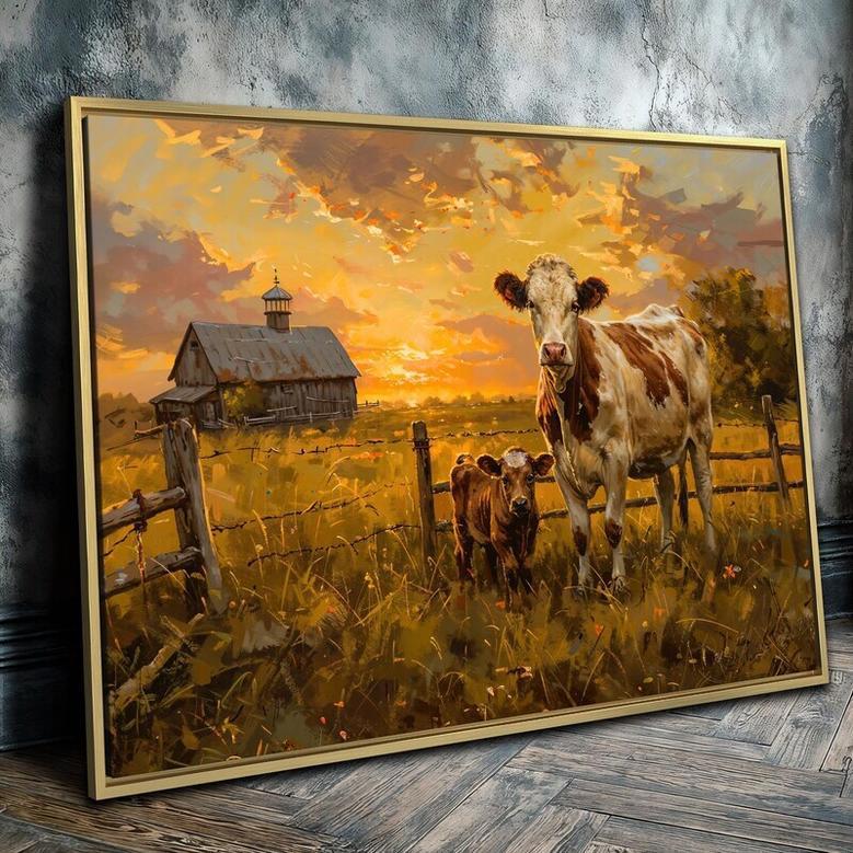 Rustic Farmhouse Canvas Art With Grazing Cow Design For Farmhouse DéCor In Living Room Or Kitchen